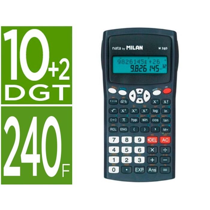 Calculadora Milan Cientifica M240 Black 2 Lineas 240 Funciones 10+2 Digitos Color Negra Con Tapa Color Gris