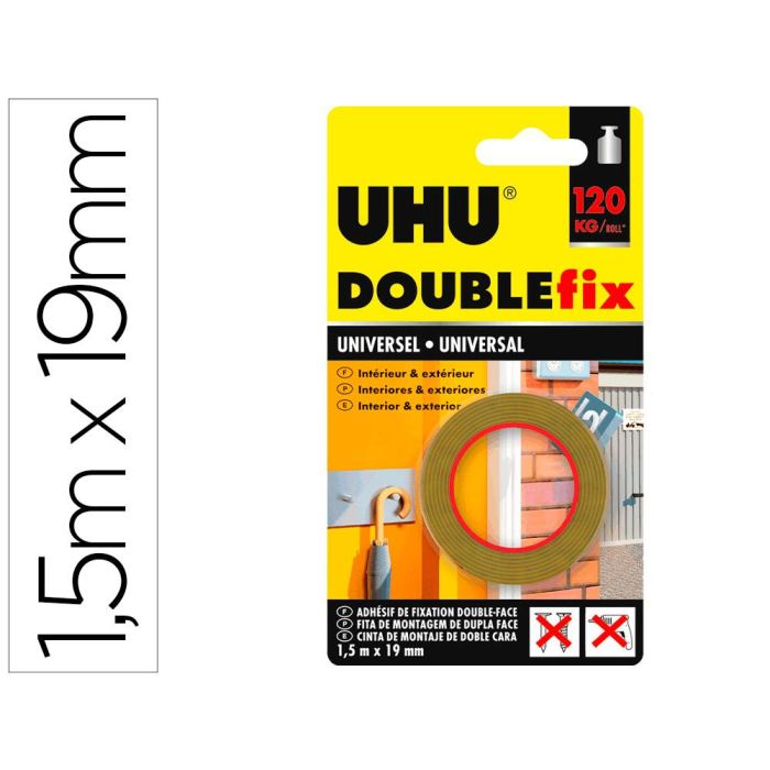 Cinta Adhesiva Uhu Doublefix Marron Doble Cara Extra Fuerte 1,5 Mt X 19 mm