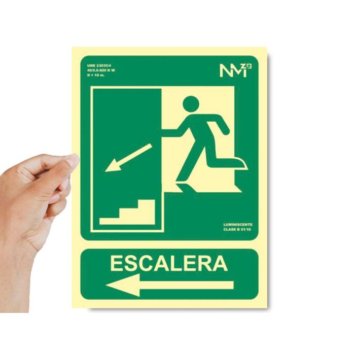 Pictograma Archivo 2000 Salida Emergencia Escalera Baja Izquierda Pvc Verde Luminiscente 224x300 mm