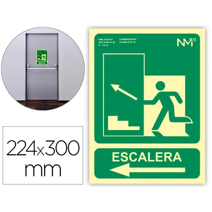 Archivo 2000 Señal "Salida De Emergencia Escalera Sube Izquierda" 224x300 mm Pvc 700 Micras Verde