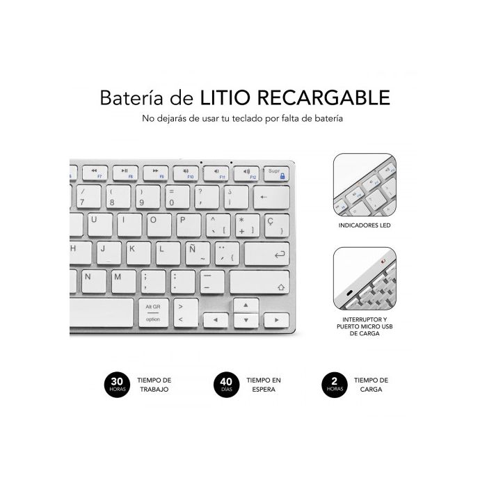 Teclado Inalámbrico Subblim SUB-KB-3ADC200 BLUETOOTH 3.0 350 mAh Qwerty Español Plateado Español 3