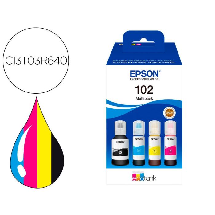 Epson Tinta Bote Bk - C - M - Y Et-4750 Unlimited, Et-4750, Et-3750 Unlimited, Et-3750,Et-3700, Et-2756, Et-2751, Et-2750 Unlimited, Et-2750, Et-2700, Et-15000 - Nº 102