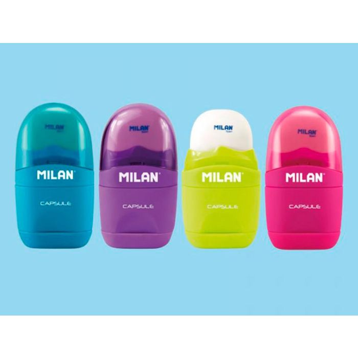 Sacapuntas Milan Capsule Plastico 1 Uso Con Goma + 2 Recambios De Goma En Blister 1