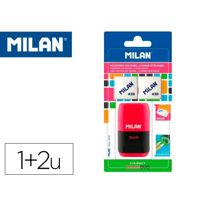 Sacapuntas Milan Compact Touch Duo Plastico 2 Usos Con Goma + 2 Recambios De Goma En Blister