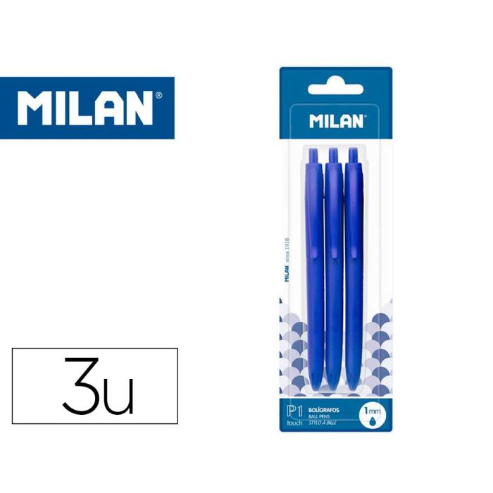 Boligrafo Milan P1 Retractil 1 mm Touch Azul Blister De 3 Unidades