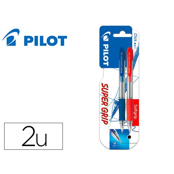 Boligrafo Pilot Super Grip Retractil Sujecion De Caucho Tinta Base De Aceite En Blister 1 Azul + 1 Rojo