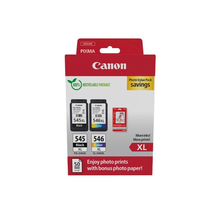 Canon Tinta Ecopack Bk+ C - M - Y + 50H Papel Fotográfico 10x15 Para Pixma Tr4551, Tr4650, Tr4651, Ts3350, Ts3351, Ts3352, Ts3355, Ts3450, Ts3451, Ts3452 - Pg-545XL + Cl-546XL