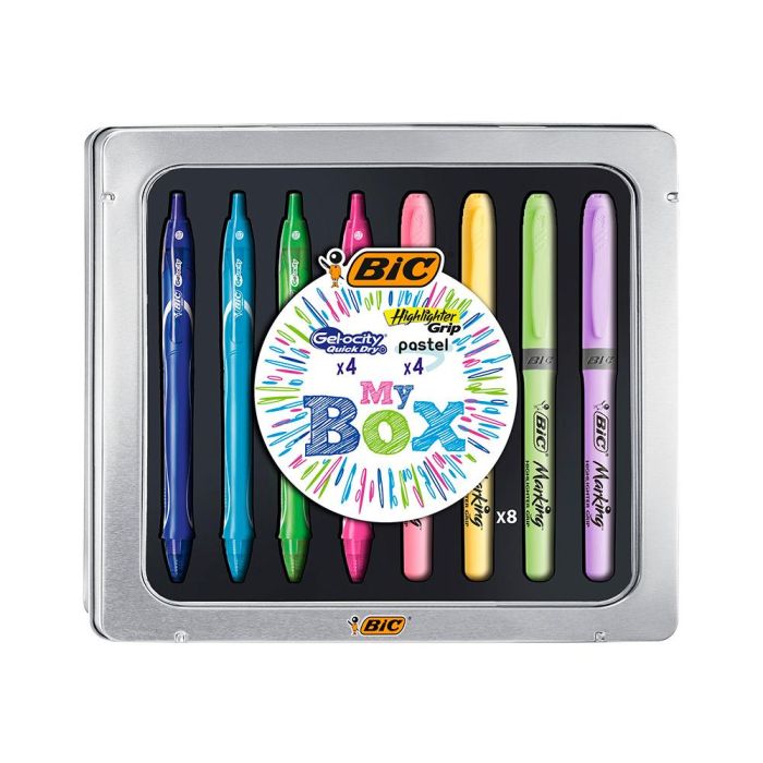 Set Bic Caja Metalica 4 grelocity Quick Dry Colores Surtidos + 4 Fluorescentes Grip Colores Pastel Surtidos 1