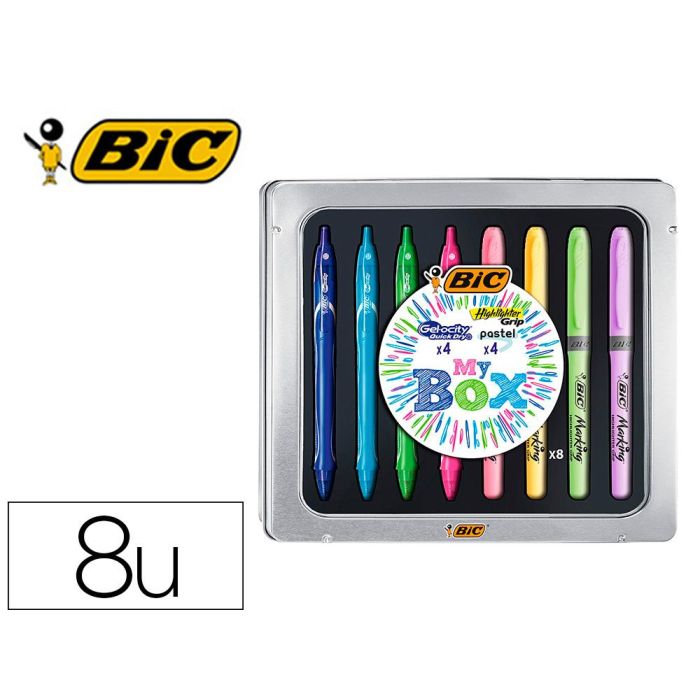 Set Bic Caja Metalica 4 grelocity Quick Dry Colores Surtidos + 4 Fluorescentes Grip Colores Pastel Surtidos