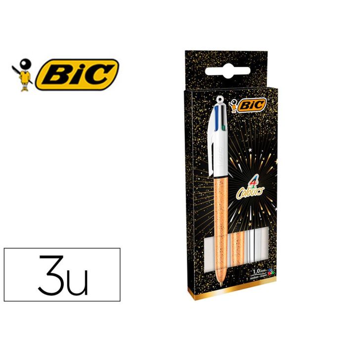 Boligrafo Bic Cuatro Colores Set Regalo 50 Aniversario 2 Unidades Shine Color Oro Mate + 1 Unidad Shine Color Plata