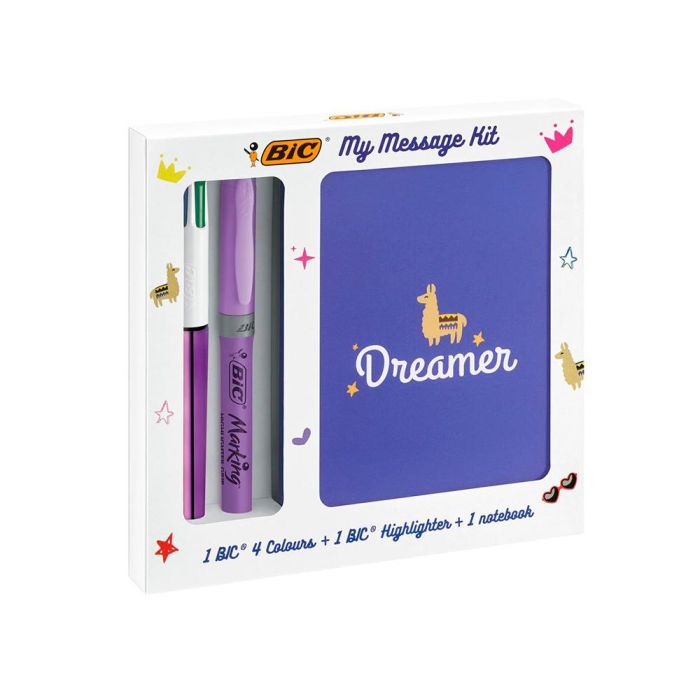 Set Escritura Bic 1 Cuatro Colores Shine + 1 Fluorescente Grip Pastel + 1 Notebook 3