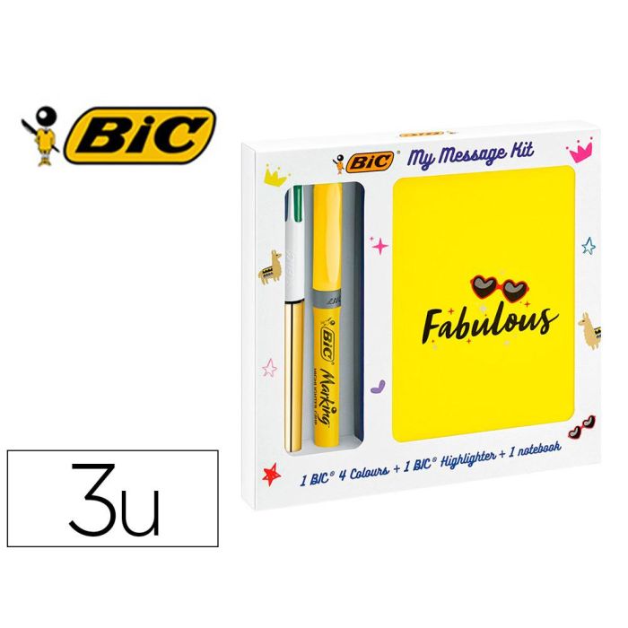 Set Escritura Bic 1 Cuatro Colores Shine + 1 Fluorescente Grip Pastel + 1 Notebook