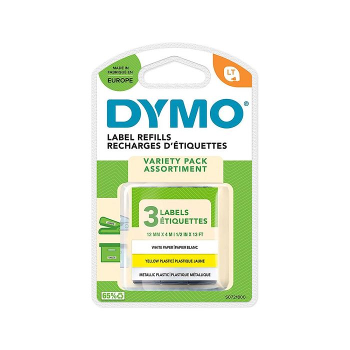 Cinta Dymo Metalizada Letratag 12 mm X 4Mt Papel Blanco - Plastico Amarillo - Metalica Plata Pack De 3 1