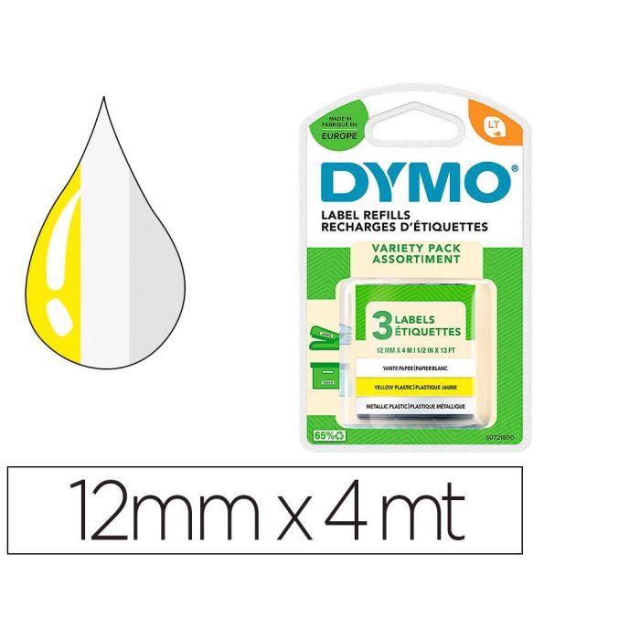 Cinta Dymo Metalizada Letratag 12 mm X 4Mt Papel Blanco - Plastico Amarillo - Metalica Plata Pack De 3