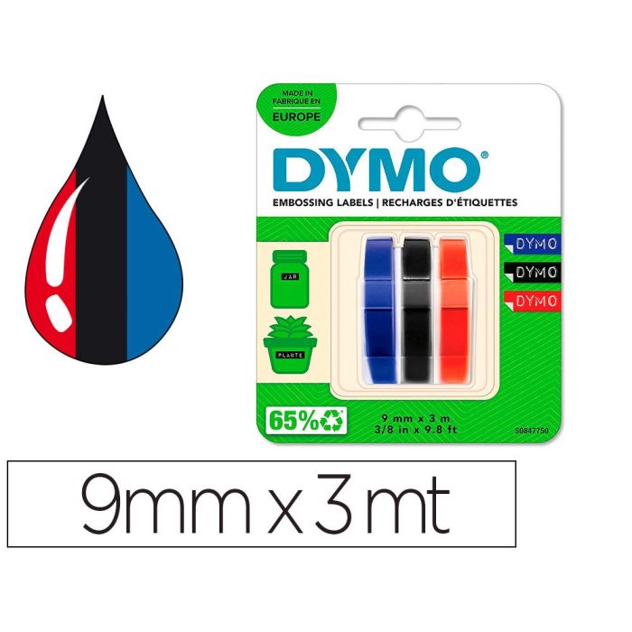 Dymo Cinta Tradicional 84775, 9 mmx3M Negro Azul Rojo, Blister 3 Unidades