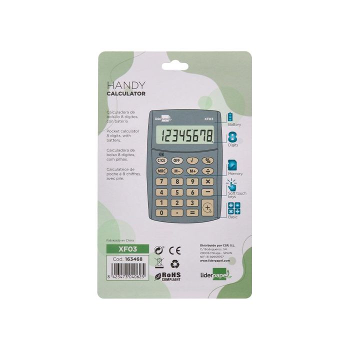 Calculadora Liderpapel Bolsillo Xf03 8 Digitos Pilas Color Gris 99x64X9 mm 1