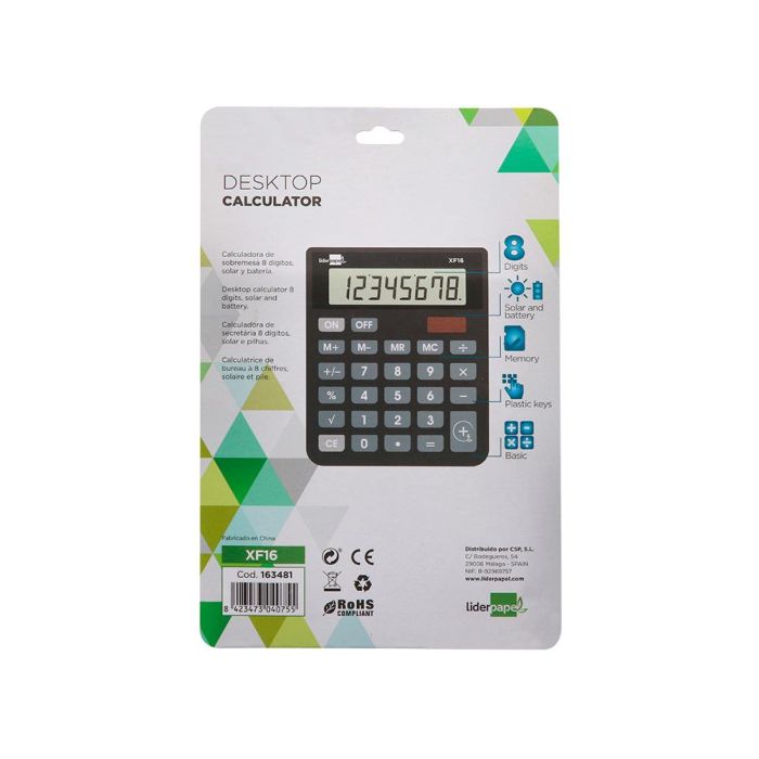 Calculadora Liderpapel Sobremesa Xf16 8 Digitos Solar Y Pilas Color Negro 127x105X24 mm 3