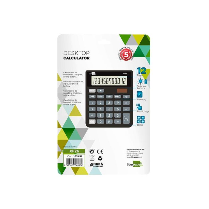 Calculadora Liderpapel Sobremesa Xf26 12 Digitos Solar Y Pilas 127x105X24 mm Color Negro 6