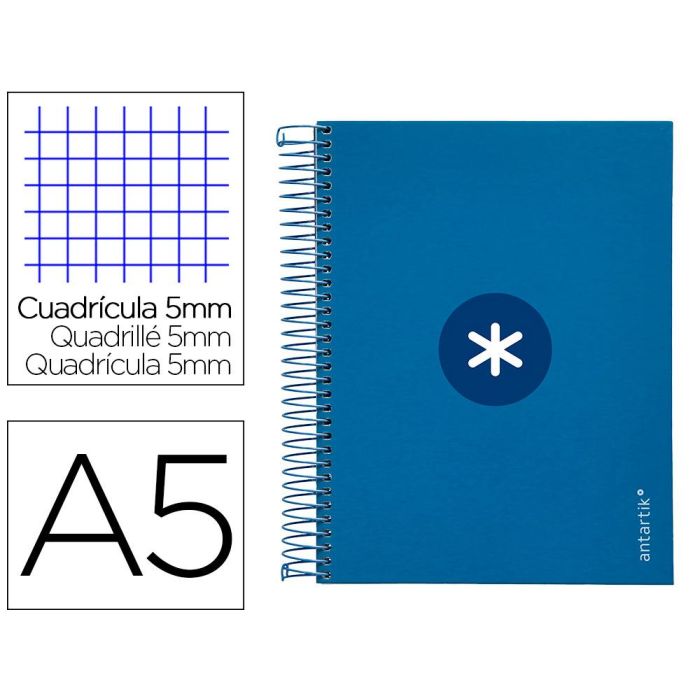 Cuaderno Espiral A5 Micro Antartik Tapa Forrada120H 90 gr Cuadro 5 mm 5 Bandas6 Taladros Color Azul Oscuro