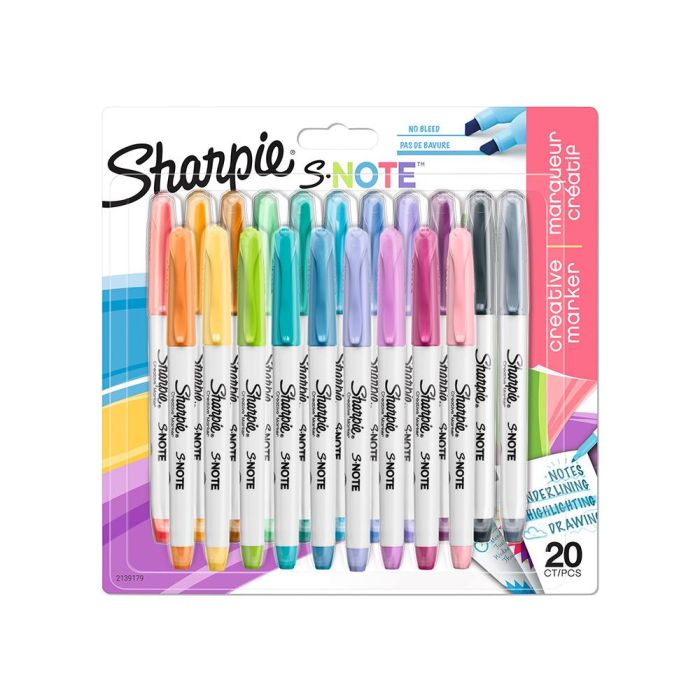 Rotulador Sharpie Permanente S-Note Punta Biselada Trazo 1,2 -3,87 mm Blister 20 Unidades Colores Surtidos 1