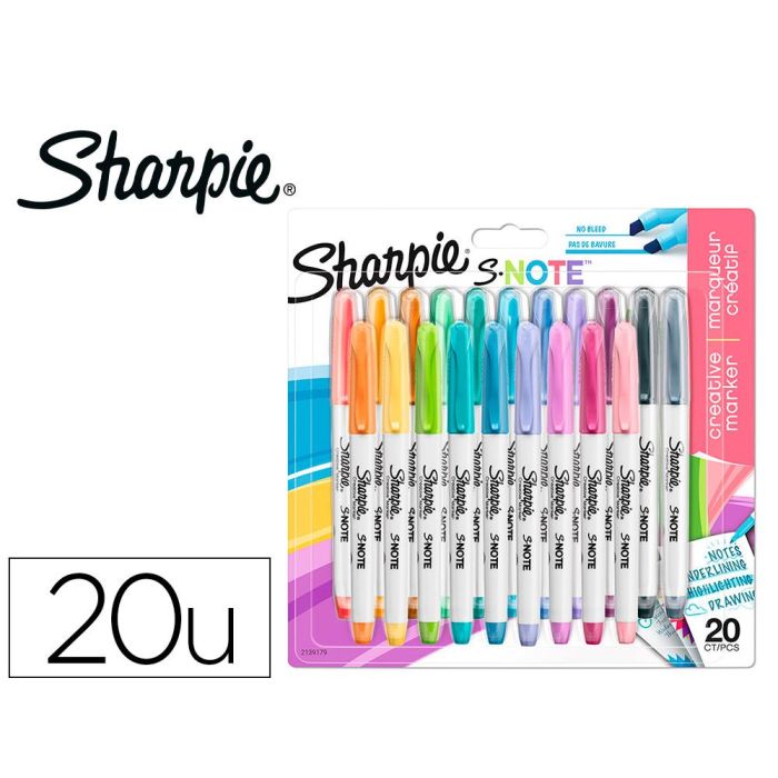 Rotulador Sharpie Permanente S-Note Punta Biselada Trazo 1,2 -3,87 mm Blister 20 Unidades Colores Surtidos