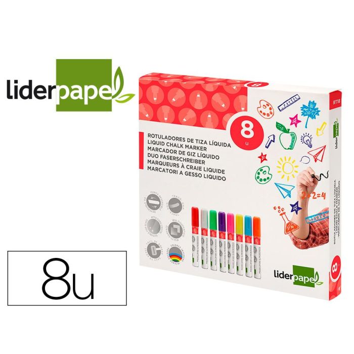 Rotulador Liderpapel Tiza Liquida Punta Redonda Trazo 6 mm Caja De 8 Unidades Colores Surtidos