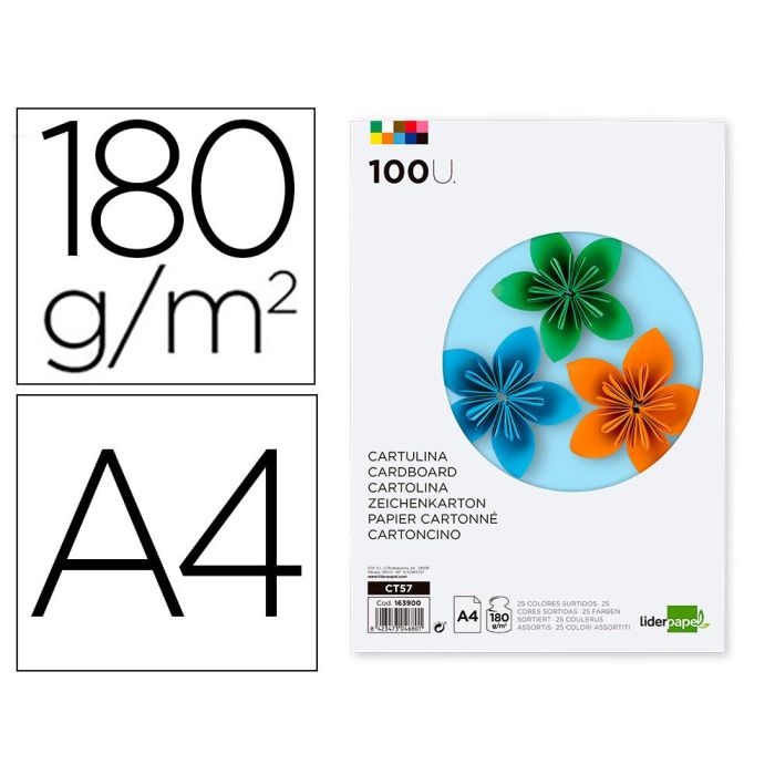 Cartulina Liderpapel A4 180 gr-M2 25 Colores Surtidos Paquete De 100 Hojas