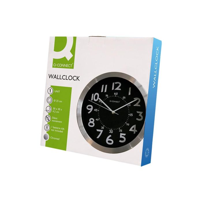 Reloj Q-Connect De Pared Metalico Redondo 25 cm Movimiento Silencioso Color Negro Con Esfera Cromado 8