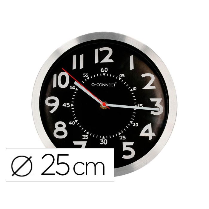 Reloj Q-Connect De Pared Metalico Redondo 25 cm Movimiento Silencioso Color Negro Con Esfera Cromado