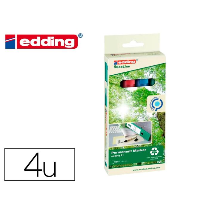 Rotulador Edding 21 Marcador Permanente Ecoline 90% Reciclado Bolsa 4 Colores Surtidos Punta Redonda 1,5-3