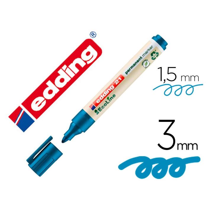 Rotulador Edding 21 Marcador Permanente Ecoline 90% Reciclado Color Azul Punta Redonda 1,5-3 mm Recargable 10 unidades