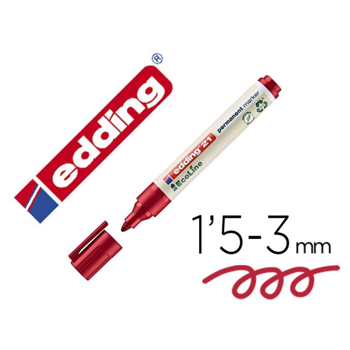 Rotulador Edding 21 Marcador Permanente Ecoline 90% Reciclado Color Rojo Punta Redonda 1,5-3 mm Recargable 10 unidades