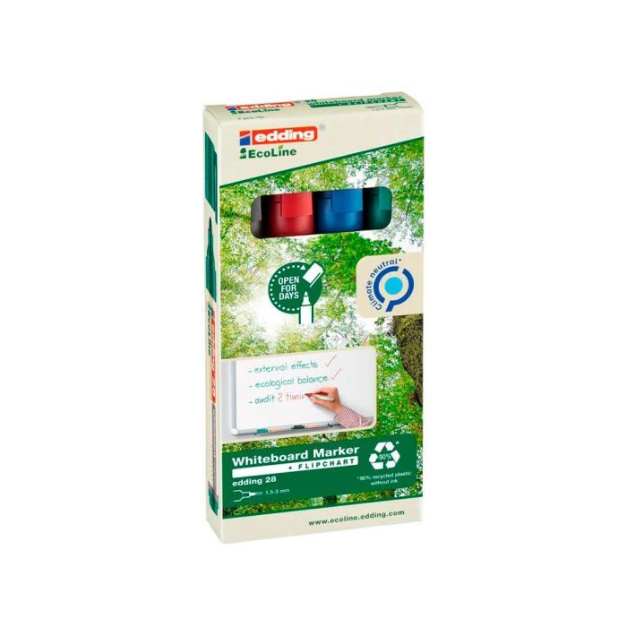 Rotulador Edding 28 Para Pizarra Blanca Ecoline 90% Reciclado Bolsa 4 Colores Surtidos Punta Redonda 1,5-3 2