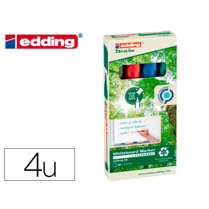 Rotulador Edding 28 Para Pizarra Blanca Ecoline 90% Reciclado Bolsa 4 Colores Surtidos Punta Redonda 1,5-3