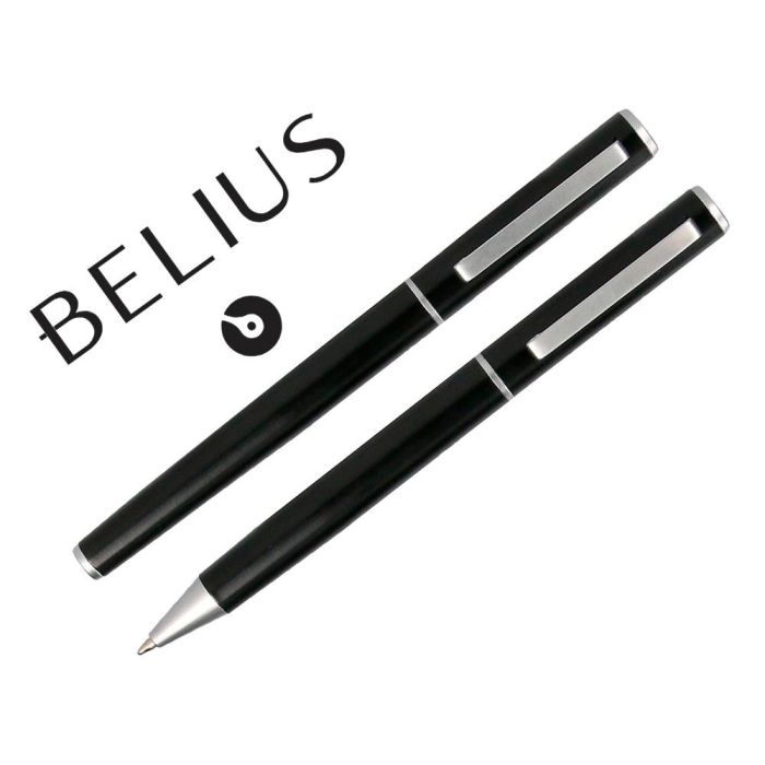 Juego Boligrafo Y Roller Belius Norwich Cuerpo Negro Mate Y Detalles Cromados Satinados En Caja Regalo