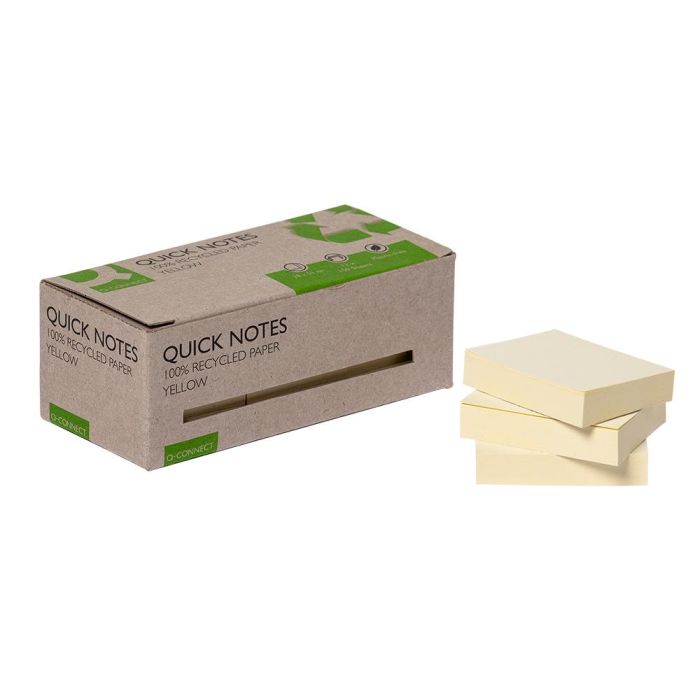 Bloc De Notas Adhesivas Quita Y Pon Q-Connect 38x51 mm 100% Papel Reciclado Amarillo En Caja De Carton 12 unidades 2