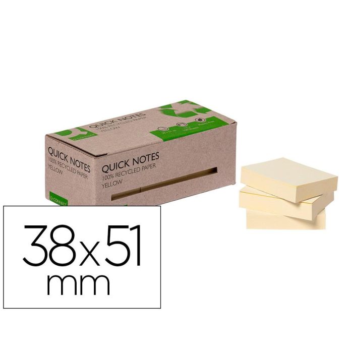 Bloc De Notas Adhesivas Quita Y Pon Q-Connect 38x51 mm 100% Papel Reciclado Amarillo En Caja De Carton 12 unidades