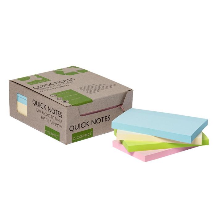 Bloc De Notas Adhesivas Quita Y Pon Q-Connect 76x127 mm 100% Papel Reciclado Colores Pasteles En Caja De Carton 12 unidades