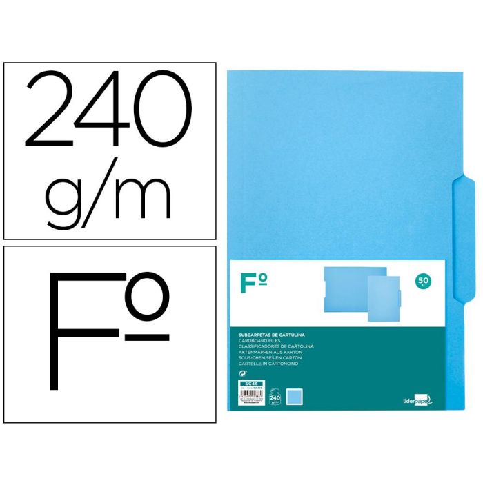 Subcarpeta Cartulina Liderpapel Folio Pestaña Central 240 gr-M2 Azul 50 unidades