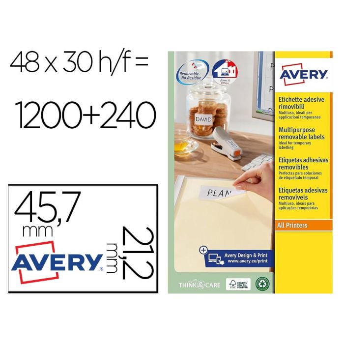 Etiqueta Adhesiva Avery Blanca Removible Para Laser Ink-Jet Fotocopiadora 45,7X 21,2 mm Caja De 1200 Unidades