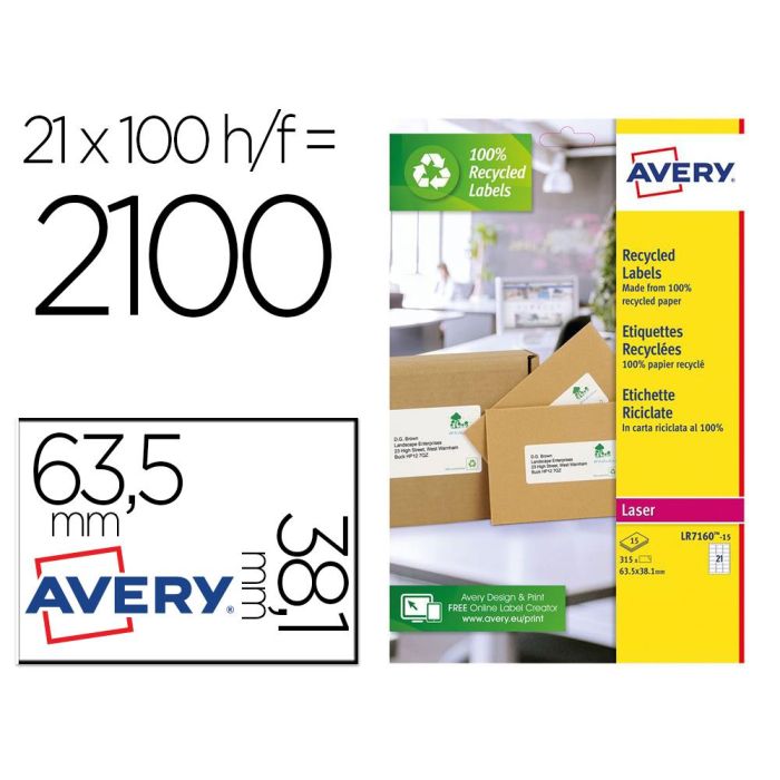 Etiqueta Adhesiva Avery Blanca Permanente Reciclada 100% Laser 63,5x38,1 mm Caja De 315 Unidades