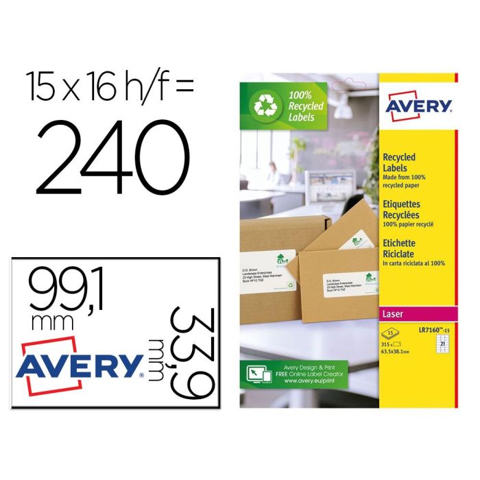Etiqueta Adhesiva Avery Blanca Permanente Reciclada 100% Laser 99,1x33,9 mm Caja De 240 Unidades