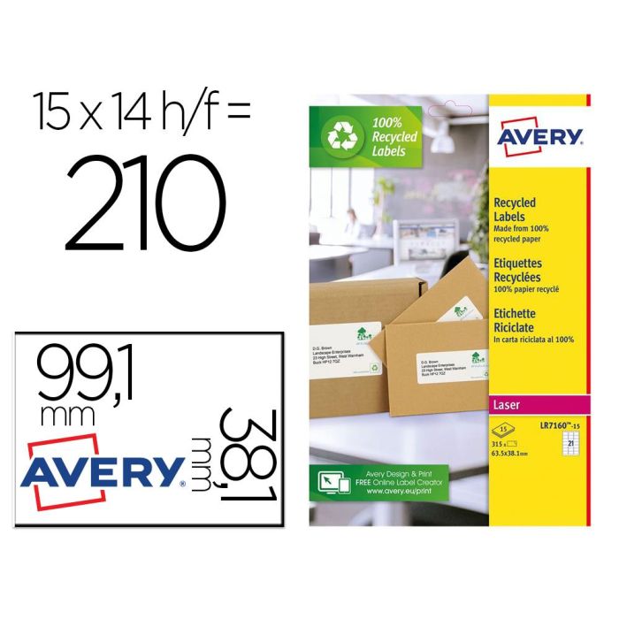 Etiqueta Adhesiva Avery Blanca Permanente Reciclada 100% Laser 99,1x38,1 mm Caja De 210 Unidades