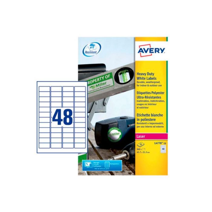 Etiqueta Adhesiva Resistente Avery Poliester Blanco Laser 45,7x21,2 mm Caja De 960 Unidades 2