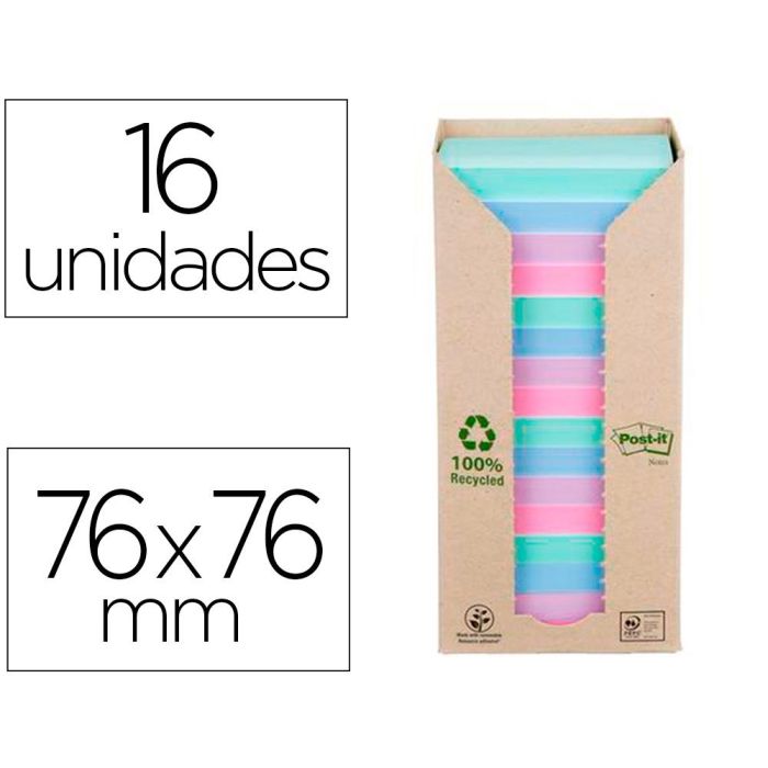 Bloc De Notas Adhesivas Quita Y Pon Post-It 76x76 mm 100% Reciclado Pefc En Torre Pack De 16 Unidades Colores