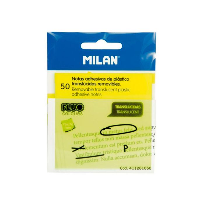 Milan Notas Adhesivas 50 Hojas 76x76 mm Translúcidas Amarillo Fluorescente 1