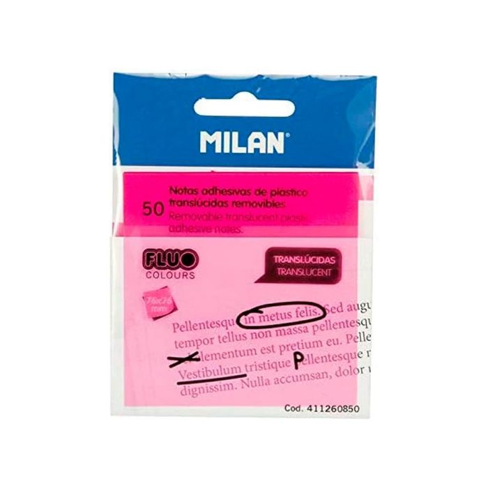 Milan Notas Adhesivas 50 Hojas 76x76 mm Translúcidas Rosa Fluorescente 1