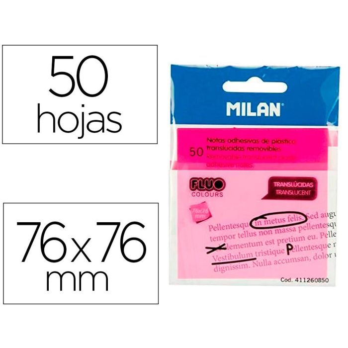 Milan Bloc Notas Adhesivas Removibles 50H 76x76 Plástico Translúcidas Rosa Fluorescente