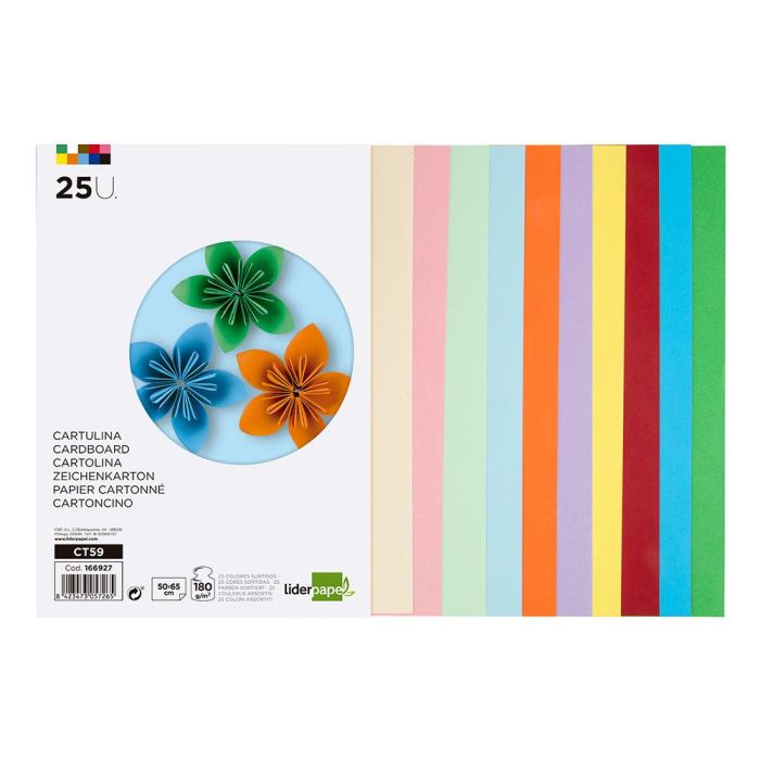 Cartulina Liderpapel 50x65 cm 180 gr-M2 25 Colores Surtidos Paquete De 25 Hojas