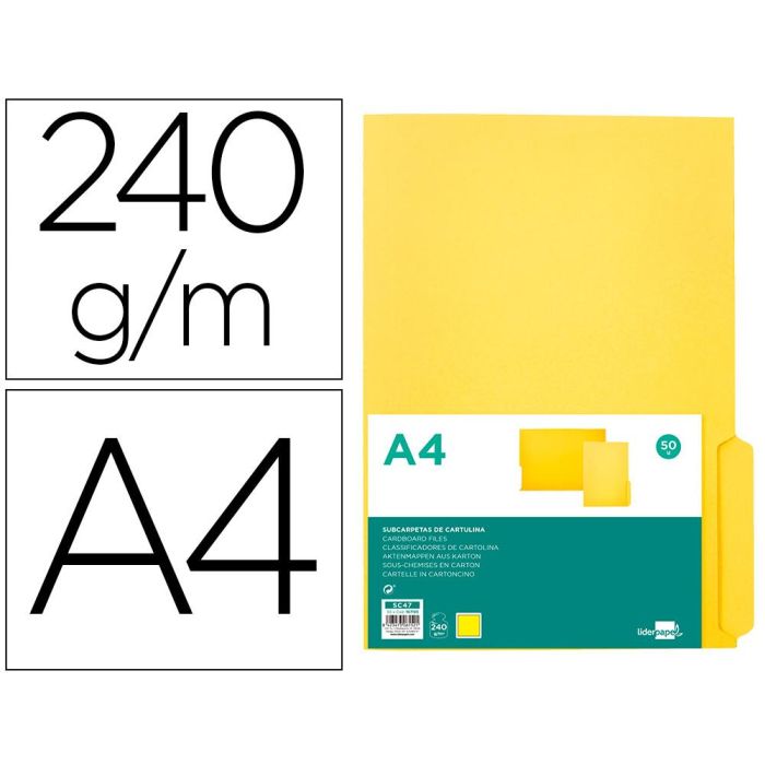 Subcarpeta Cartulina Liderpapel A4 Pestaña Inferior 240 gr-M2 Color Amarillo 50 unidades